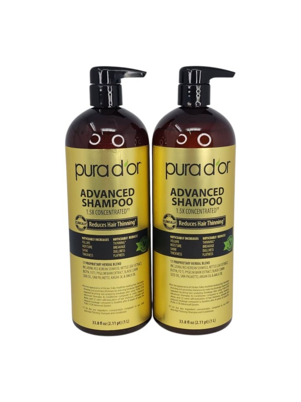 Pura Dor Advanced Shampoo Jumbo 33.8oz Reduces Hair Thinning Volumizes 2 Pack